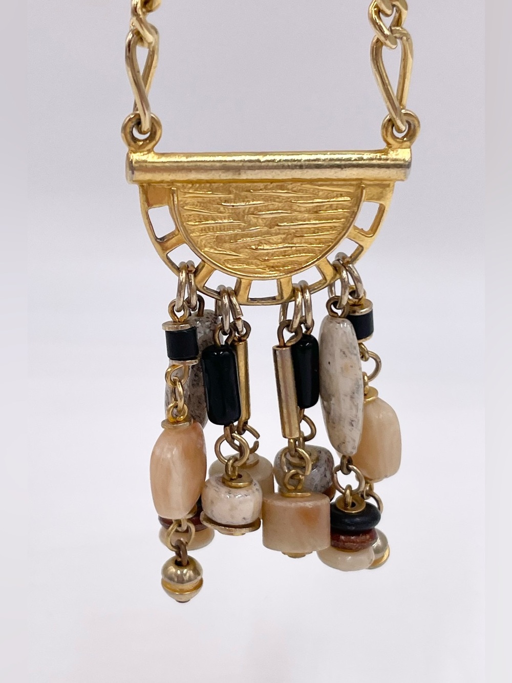 Vintage Pierre Cardin Gold Tone Chain Link Necklace Beaded Stone Tassel Fringe